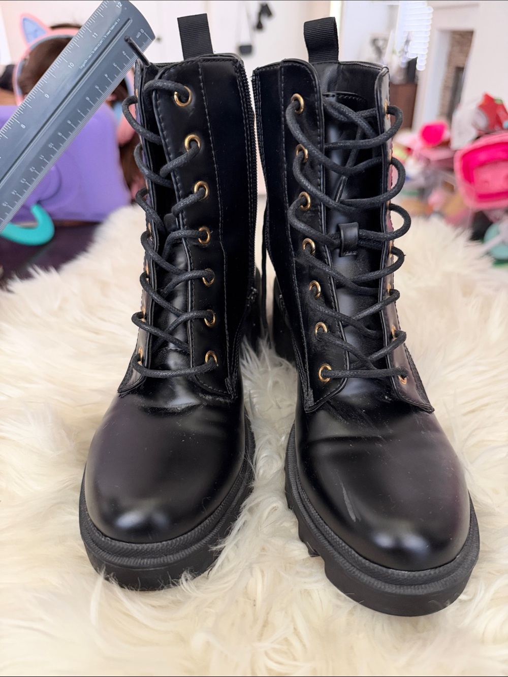 Shoe Dazzle Black Lace-Up Combat Boots with Side Zipper